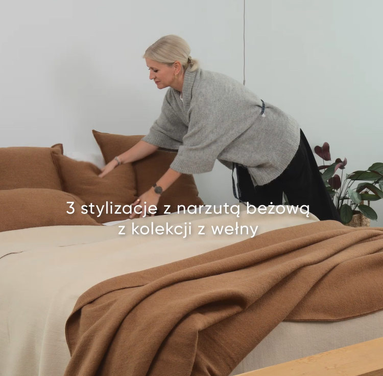 3 stylizacje z narzutą beżową z kolekcji z wełny